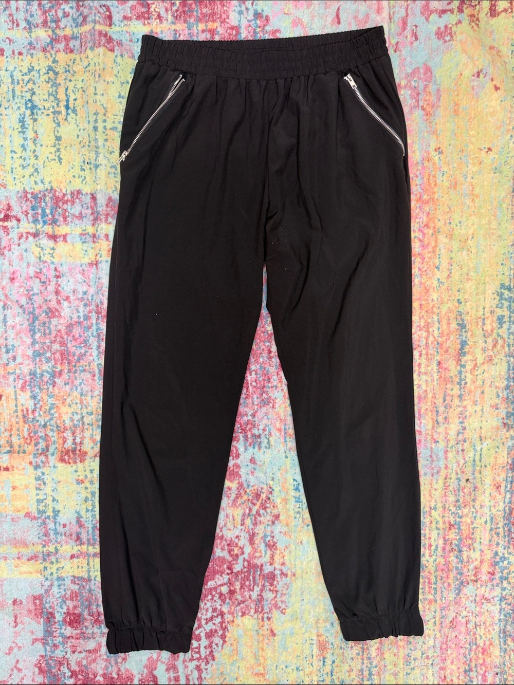 Lily White Black Elastic Waist Joggers with Front Zips